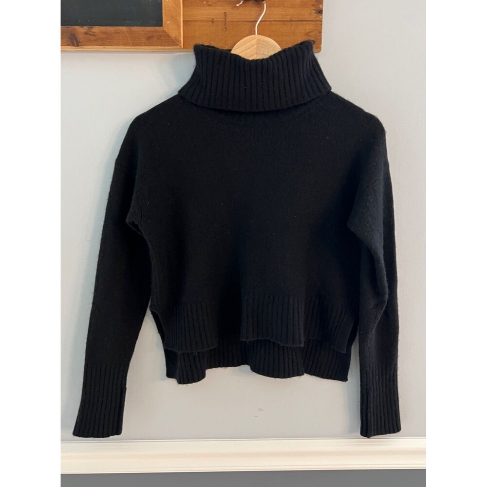 Anthropologie Black Cropped Turtleneck Sweater XS Wool Blend Layered Hem